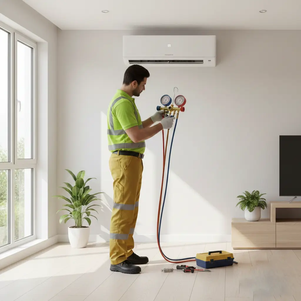 فني بسيارة مجهزة بأدوات ومعدات الصيانة تقف أمام منزل عميل. خدمة صيانة تكييف كريازي المتنقلة التي تصل إلى باب منزلك في جميع المحافظات لتقديم الدعم الفوري.