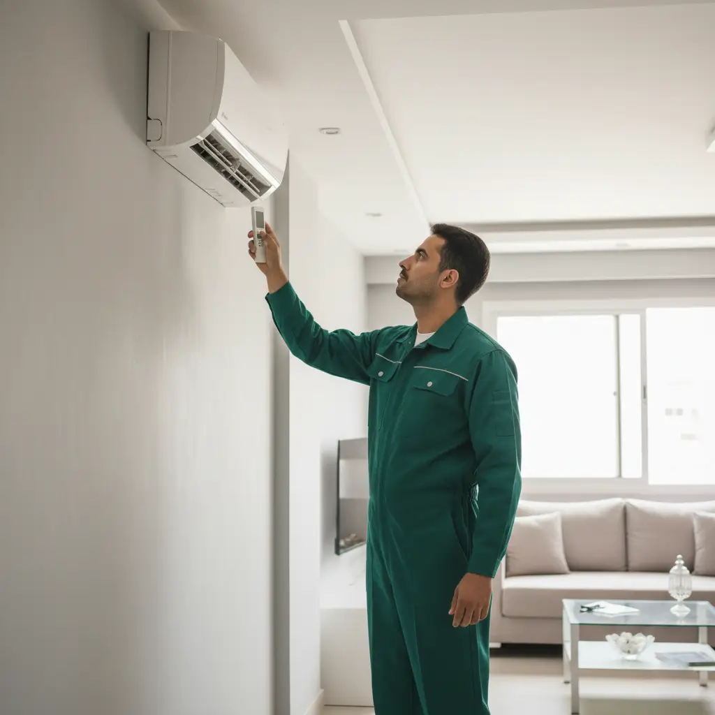 فني إلكترونيات يفحص اللوحة الأم (الكارتة) لتكييف كريازي. صيانة وإصلاح الأعطال الإلكترونية الدقيقة في كارتة تكييف كريازي لضمان استجابة الجهاز للأوامر بشكل صحيح.