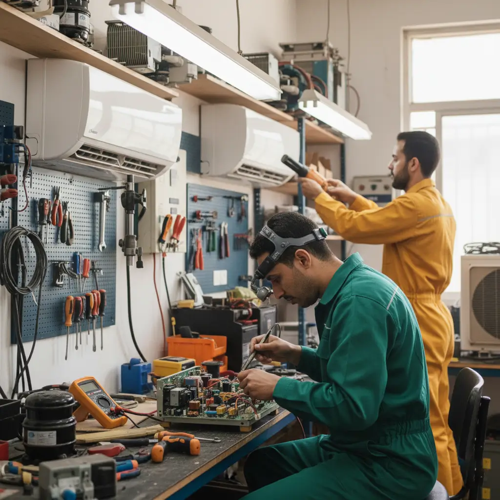 مجموعة من قطع غيار التكييف الأصلية في علبها الرسمية. أهمية استخدام قطع غيار أصلية ومعتمدة عند صيانة تكييف كريازي لضمان التوافق التام وطول العمر الافتراضي.