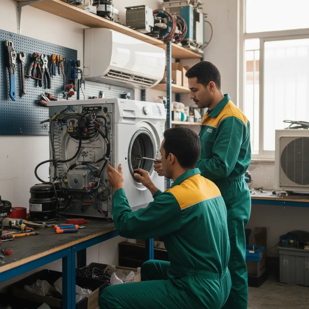 فني يقوم بضبط اتزان أرجل غسالة كريازي على الأرض لمنع الاهتزاز كيفية القضاء على مشكلة الاهتزاز والضوضاء العالية أثناء العصر في غسالات كريازي عن طريق ضبط المستوى والمساعدين