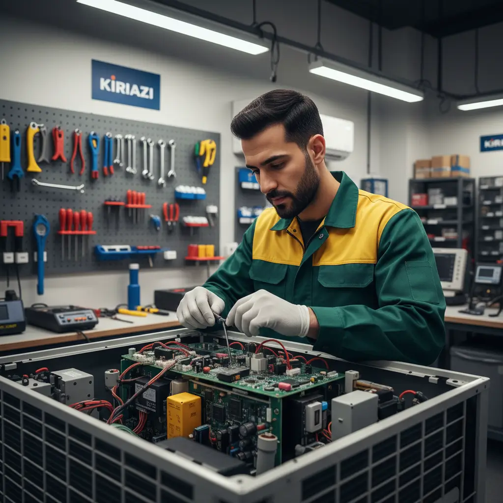 فني تقوم بفك وتركيب مكثف (كابستور) جديد للضاغط. إحدى خطوات الصيانة الفنية الدقيقة المتمثلة في تغيير الكابستور التالف لإعادة تشغيل ضاغط تكييف كريازي.