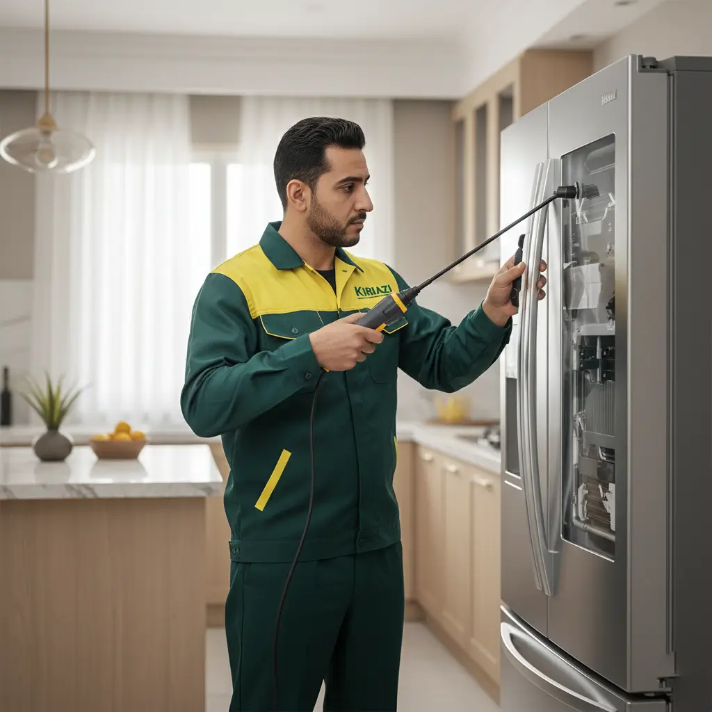 حل مشكلة تسرُّب المياه وتراكم الثلج في ثلاجات كريازي. خدمة تنظيف وتعقيم مُتكاملة لمجرى الصرف ومُكثف الثلاجة. فني يقوم بتنظيف وصيانة مجرى صرف المياه في ثلاجة كريازي.