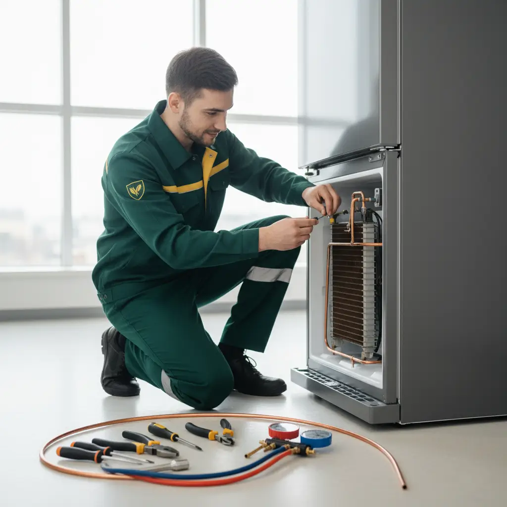 فني صيانة مُجهز بأحدث أدوات فحص ثلاجات كريازي. فني مُحترف يستخدم أدوات ومعدات صيانة مُتخصصة لثلاجات كريازي، لضمان دقة التشخيص وسرعة الإنجاز في موقعك.