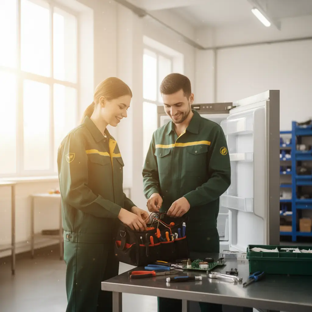 فني صيانة يقوم بزيارة فنية لإصلاح ثلاجة كريازي نوفروست. صيانة مُتخصصة لثلاجات كريازي نوفروست وحل مشكلات تجمُّد المُبخر أو توقف دائرة النوفروست بشكل احترافي.